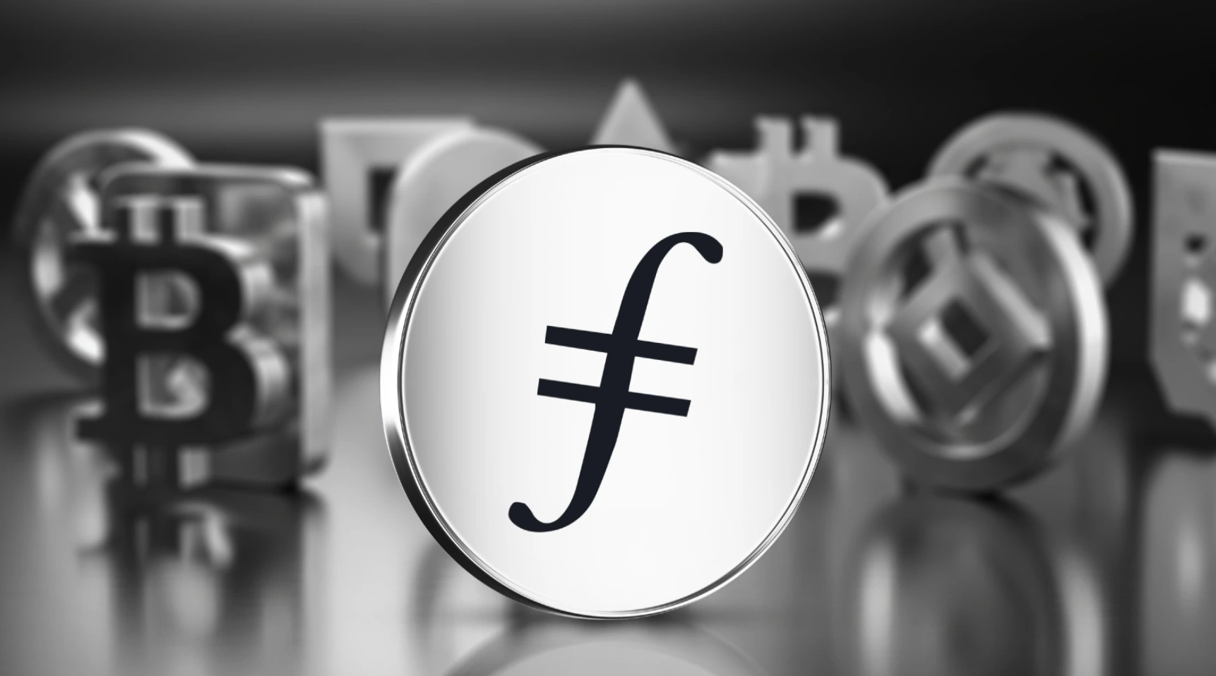 3D render of the Filecoin (FIL) cryptocurrency logo displayed on a metallic coin in the foreground.