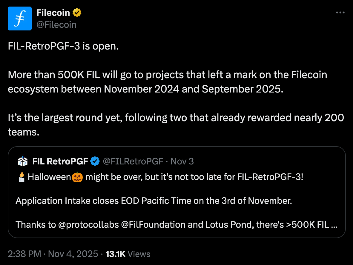 Screenshot of a post from Filecoin’s official X (Twitter) account announcing that FIL-RetroPGF-3 is open.