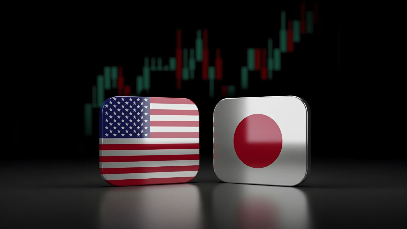 3D icons of U.S. and Japan flags side by side with a blurred candlestick chart in the background.