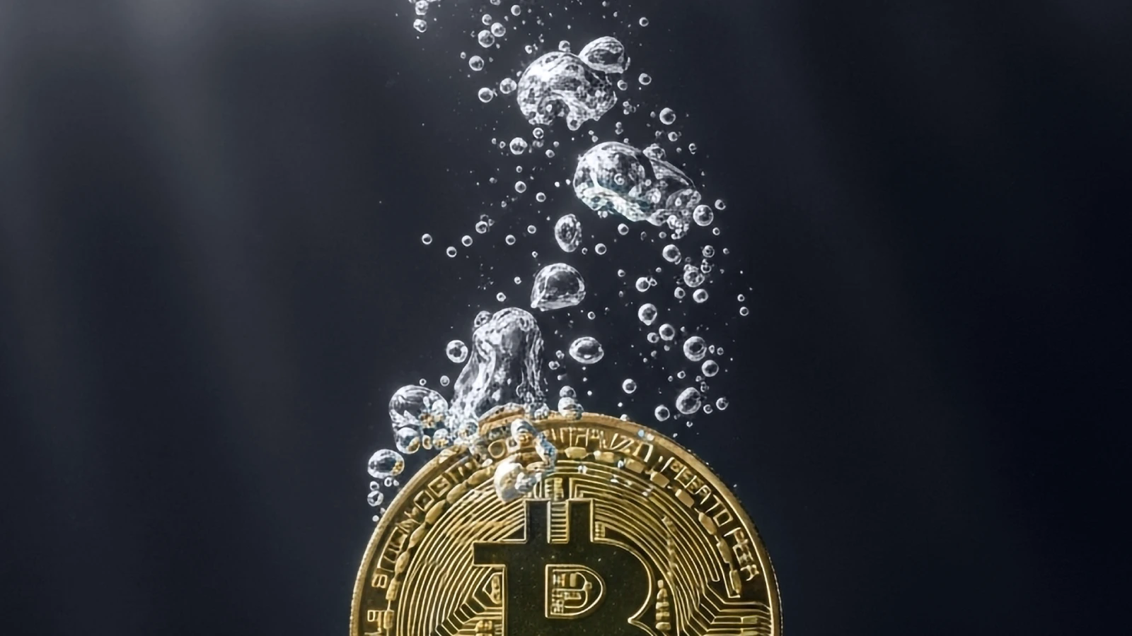 A gold Bitcoin coin submerged underwater with bubbles rising above it, symbolising Bitcoin’s market decline or a drop in value, set against a dark background.