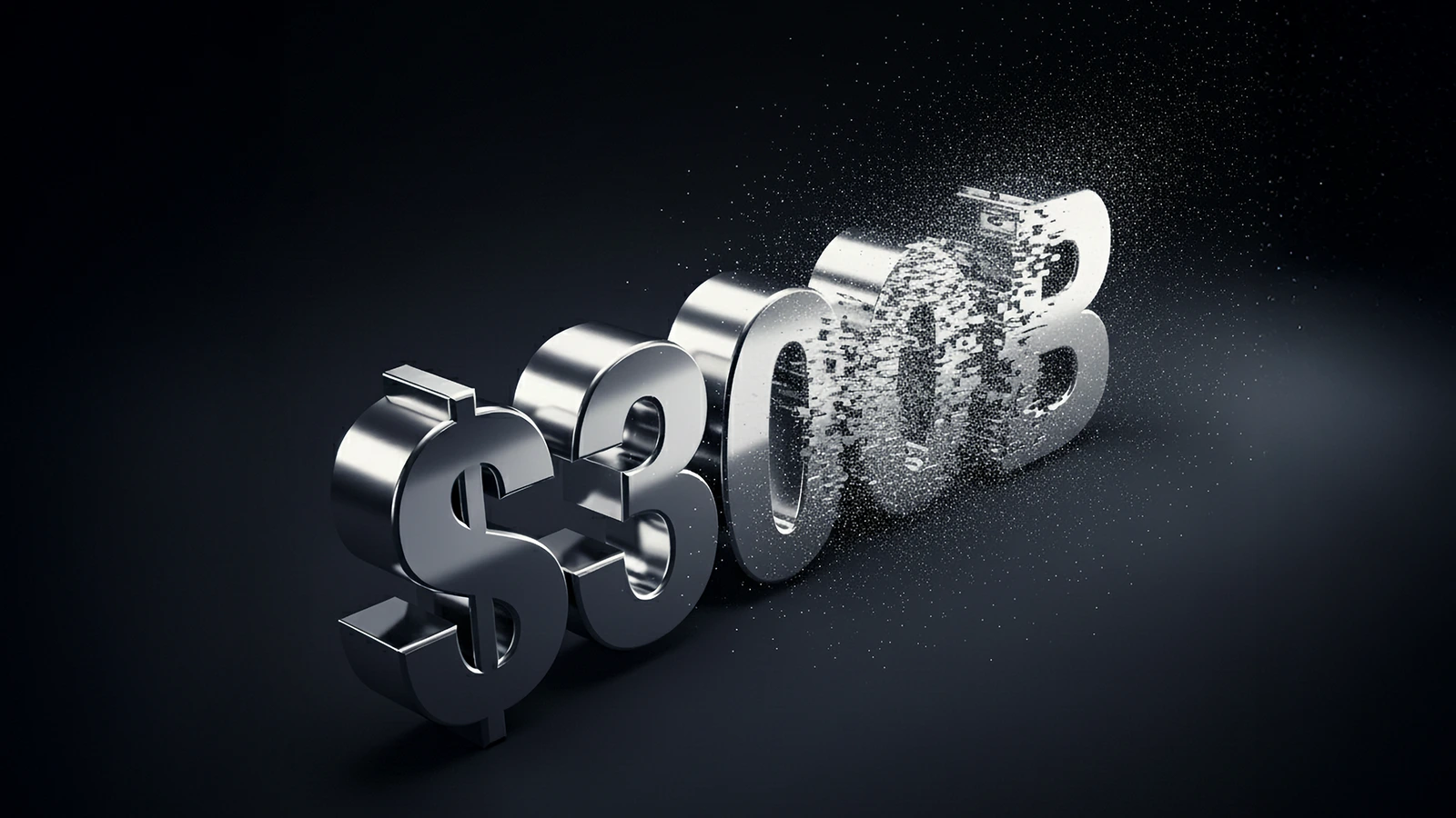 Metallic 3D text showing “$300B,” with the right side of the letters disintegrating into particles.