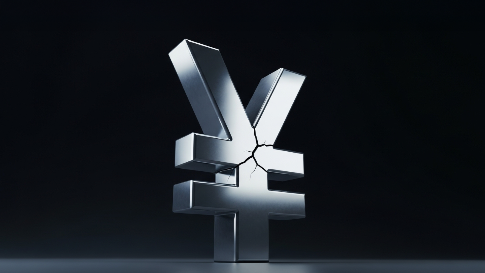3D metallic yen symbol with a visible crack across the middle, set against a dark background, symbolising weakness or instability in the Japanese currency