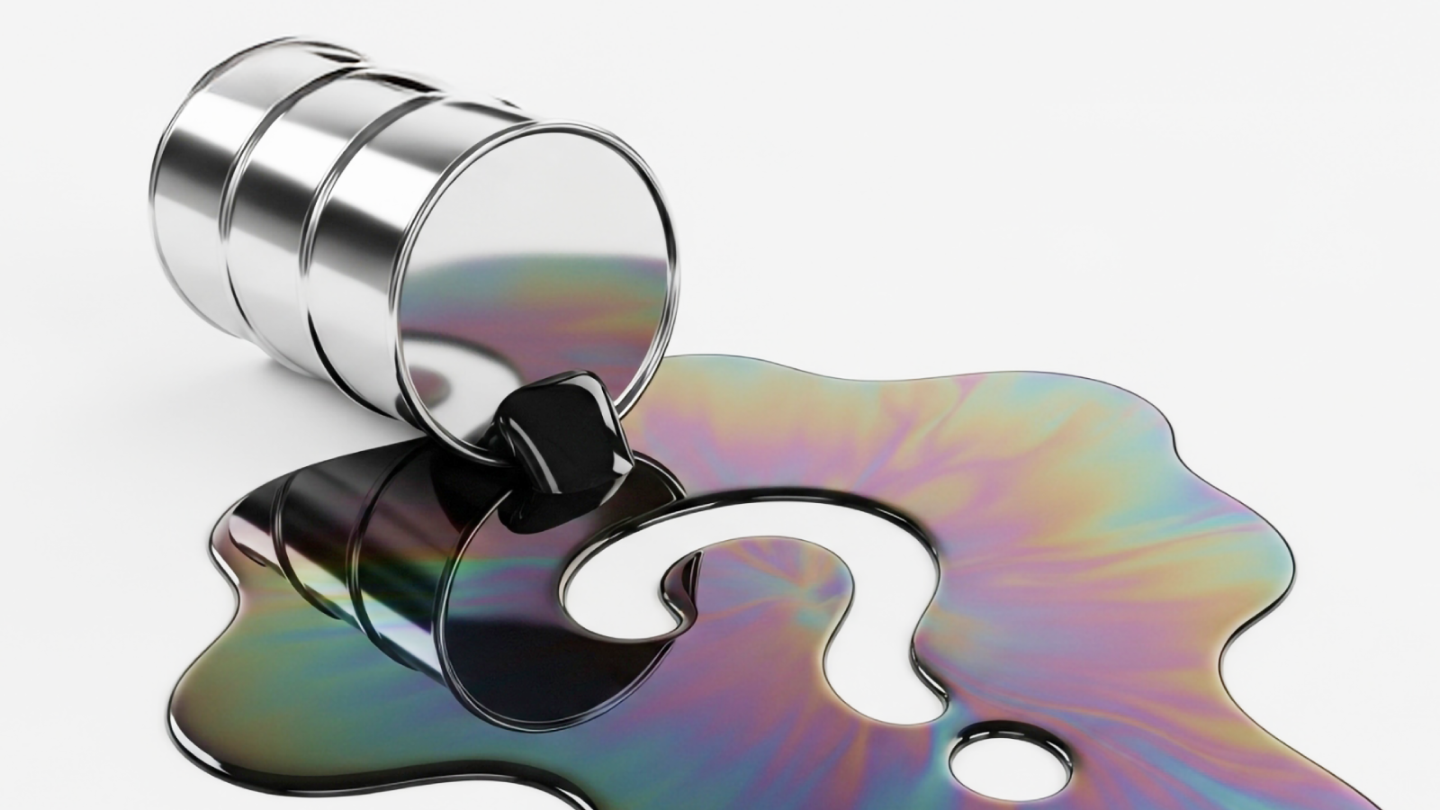A silver oil barrel tipped over, spilling iridescent oil that forms the shape of a question mark on a white surface.