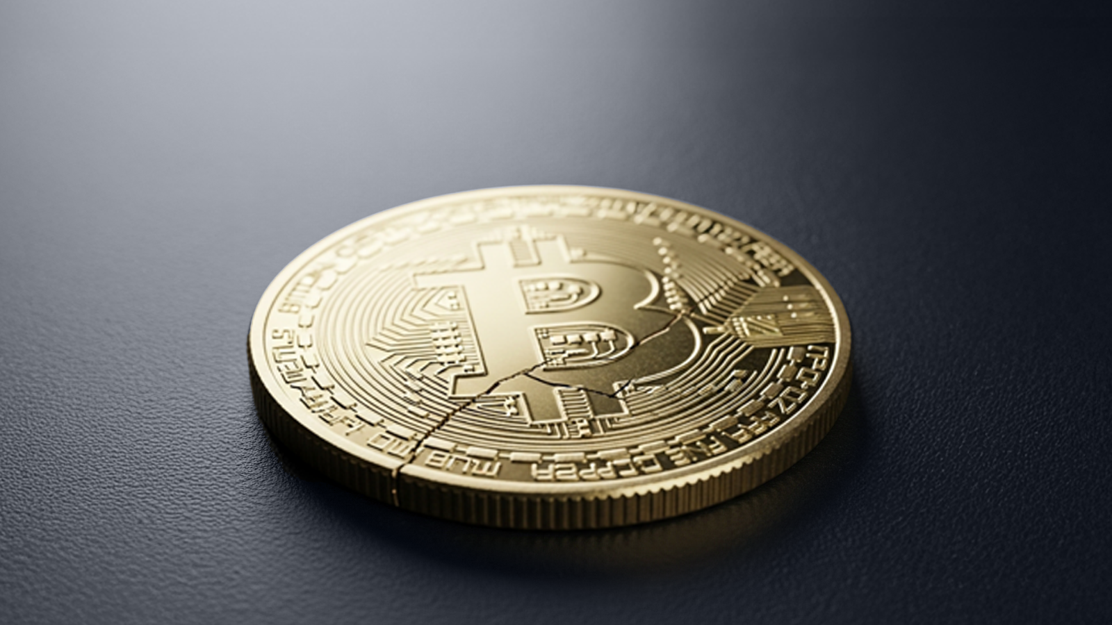 A close-up image of a physical gold Bitcoin coin lying flat on a dark textured surface, highlighting the Bitcoin logo and intricate circuit-like engravings.