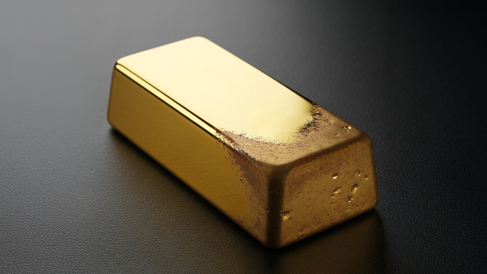 A close-up image of a single gold bar resting on a dark textured surface, showcasing its smooth reflective finish and slightly weathered edges.