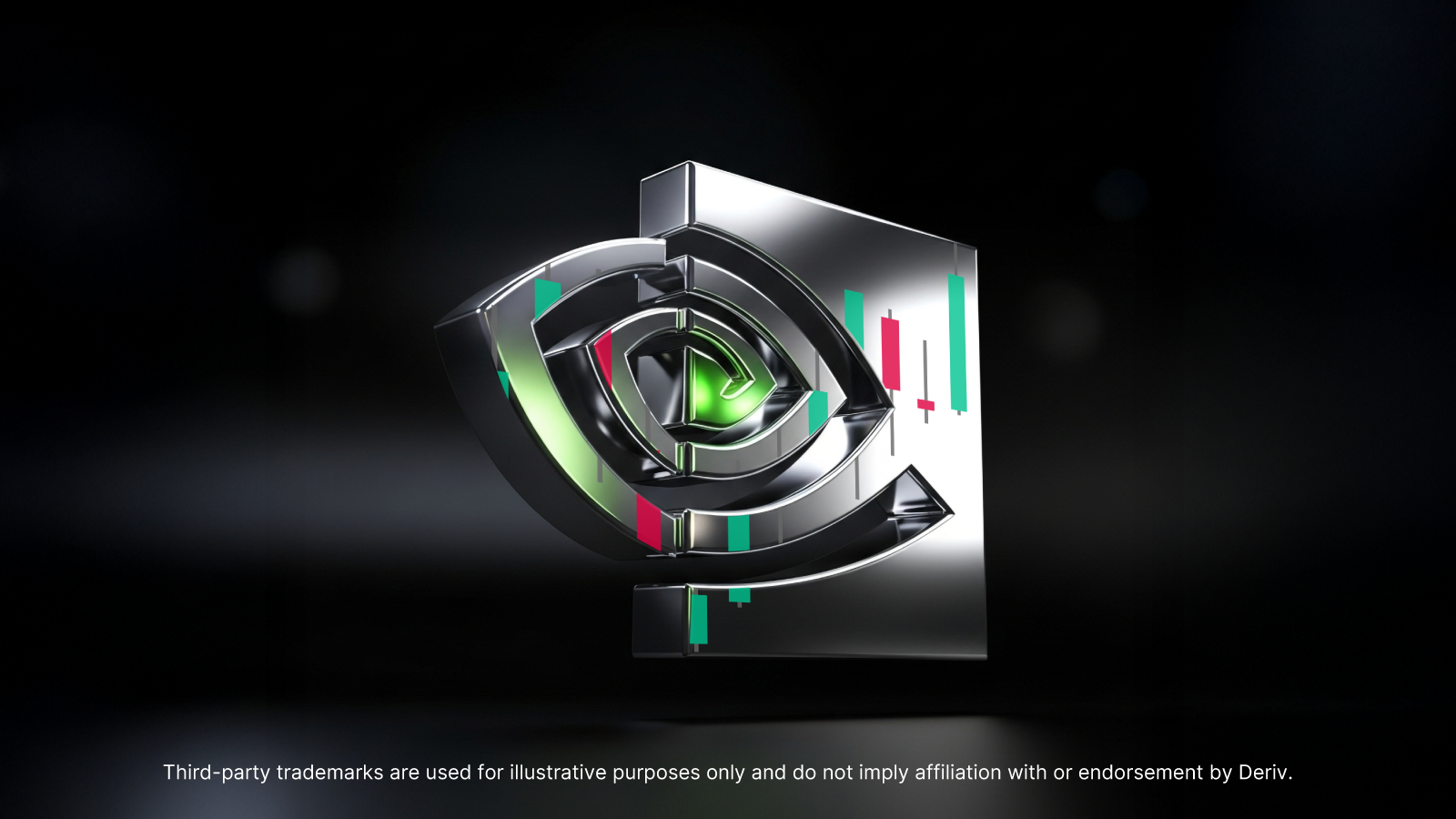 3D metallic logo resembling Nvidia’s eye design, illuminated with a green glow at the centre.