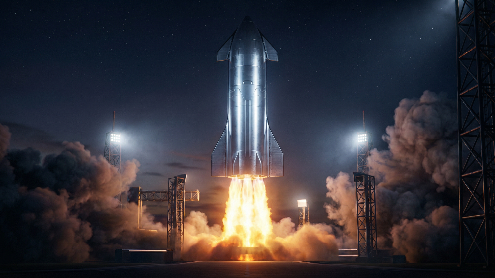 A powerful rocket launching at night from a space station, with bright flames and thick smoke billowing from its engines. 