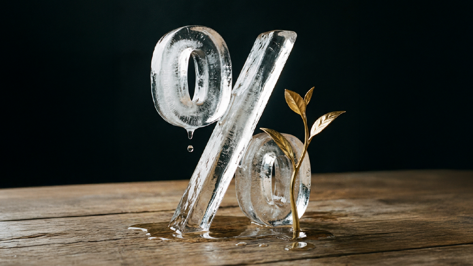 A conceptual image showing a large ice sculpture in the shape of a percentage symbol (%) melting on a wooden surface.