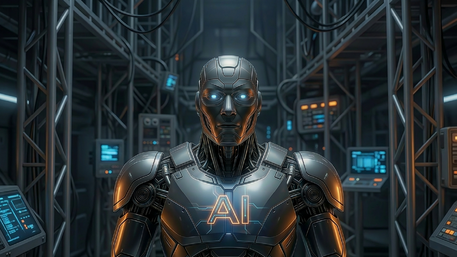 A highly detailed, futuristic humanoid robot stands in the centre of a dimly lit server room.