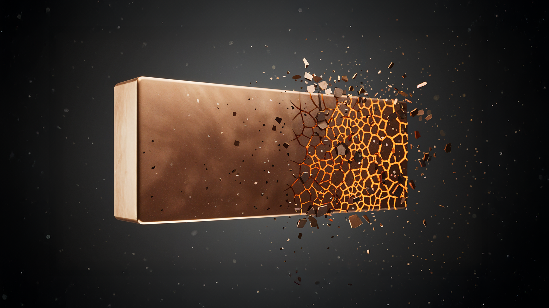 A 3D digital illustration of a copper bar disintegrating into small glowing fragments.