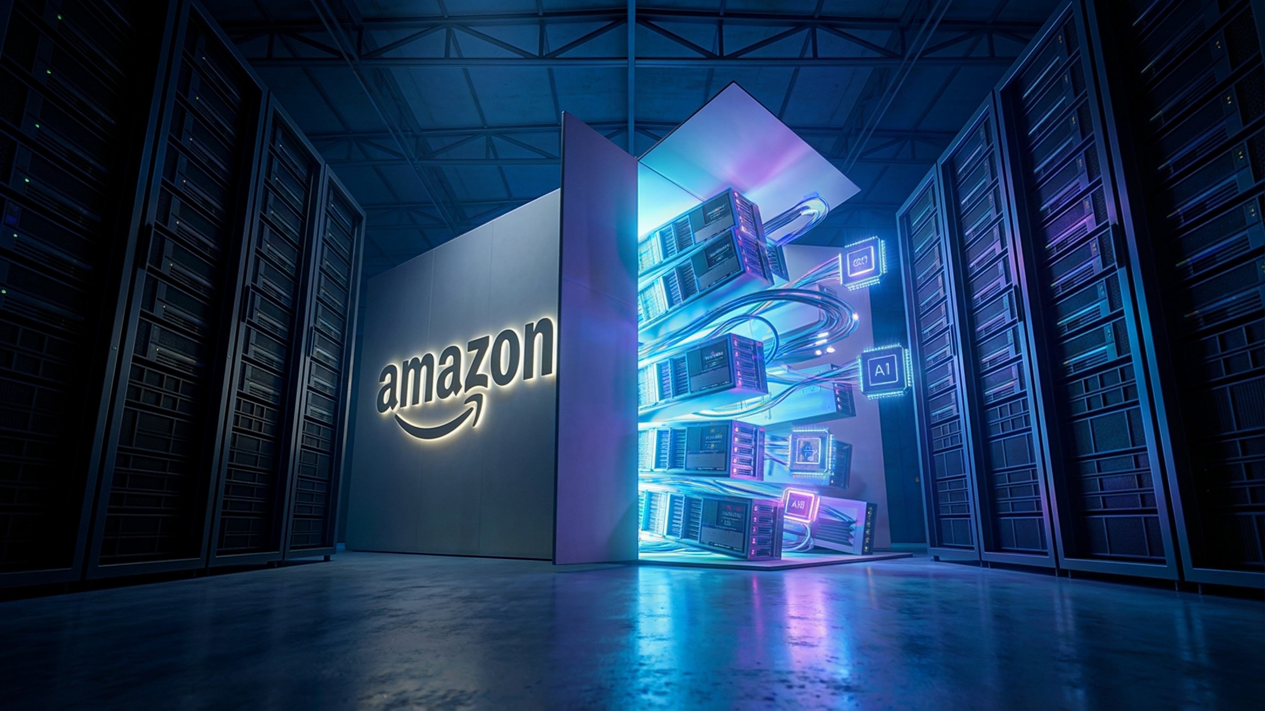 A futuristic Amazon data centre scene with glowing servers, neon cables, and AI-labelled hardware emerging from an illuminated Amazon-branded wall.