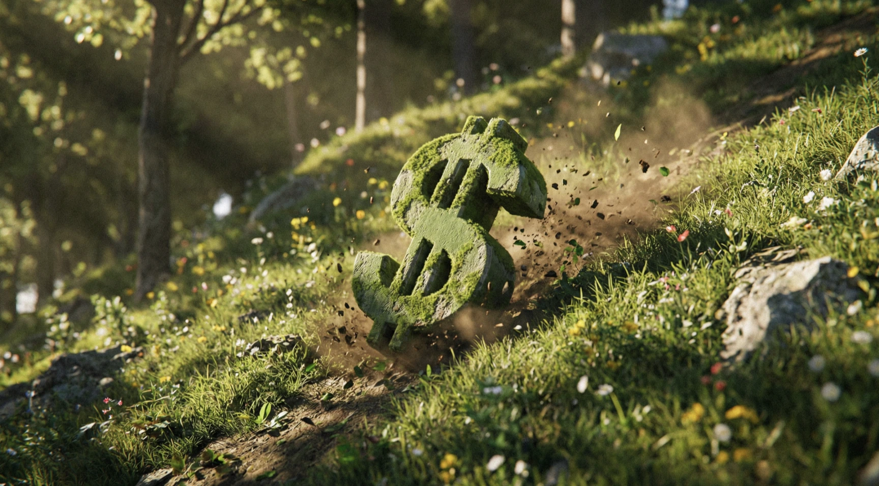 A large moss-covered dollar sign made of stone tumbles down a grassy hillside, scattering dirt and debris, with a sunlit forest in the background.