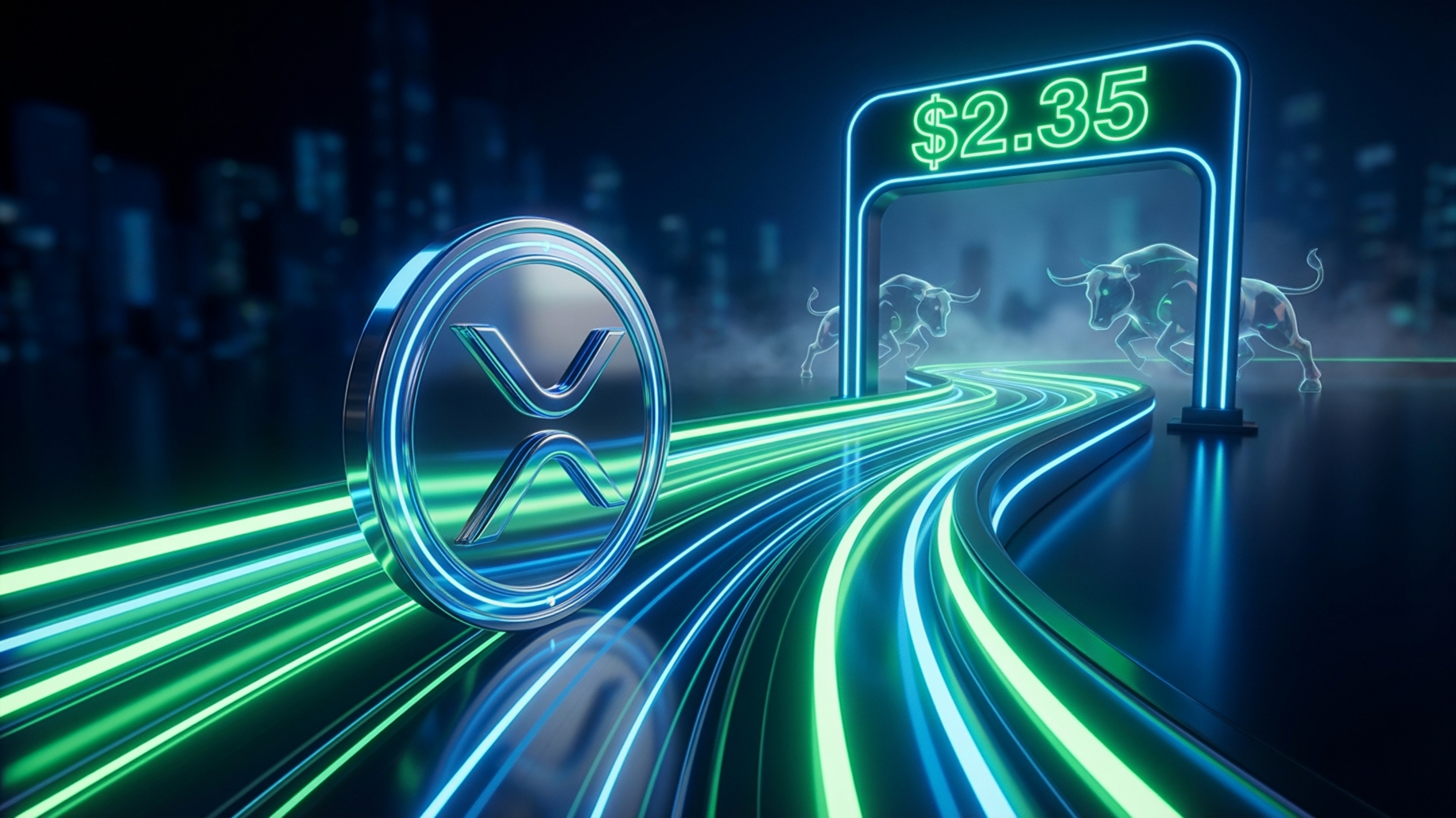 A futuristic XRP logo beside glowing neon tracks leading toward a $2.35 price sign