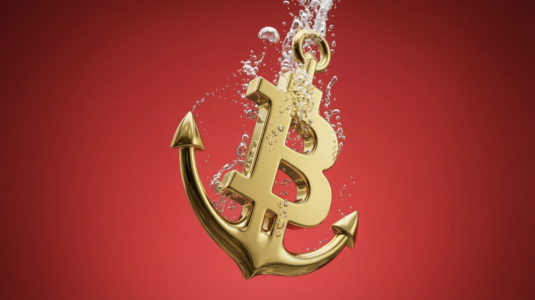 A shiny gold anchor shaped like the Bitcoin symbol is shown sinking downward against a solid red background