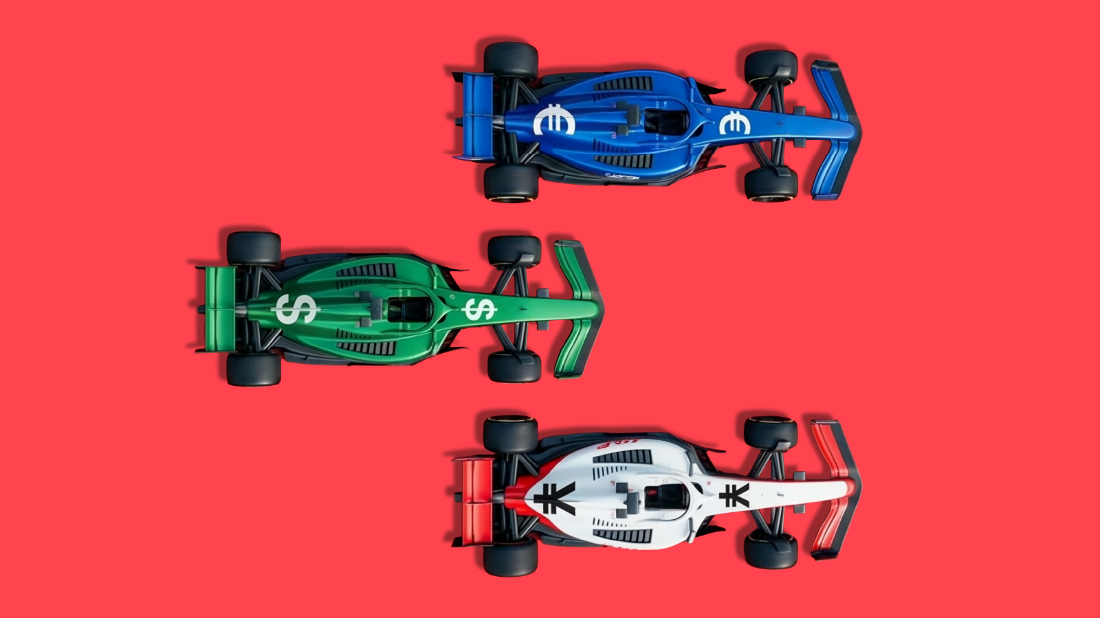 Three Formula 1-style race cars viewed from above on a solid red background. The top car is blue with a euro currency symbol on its body.