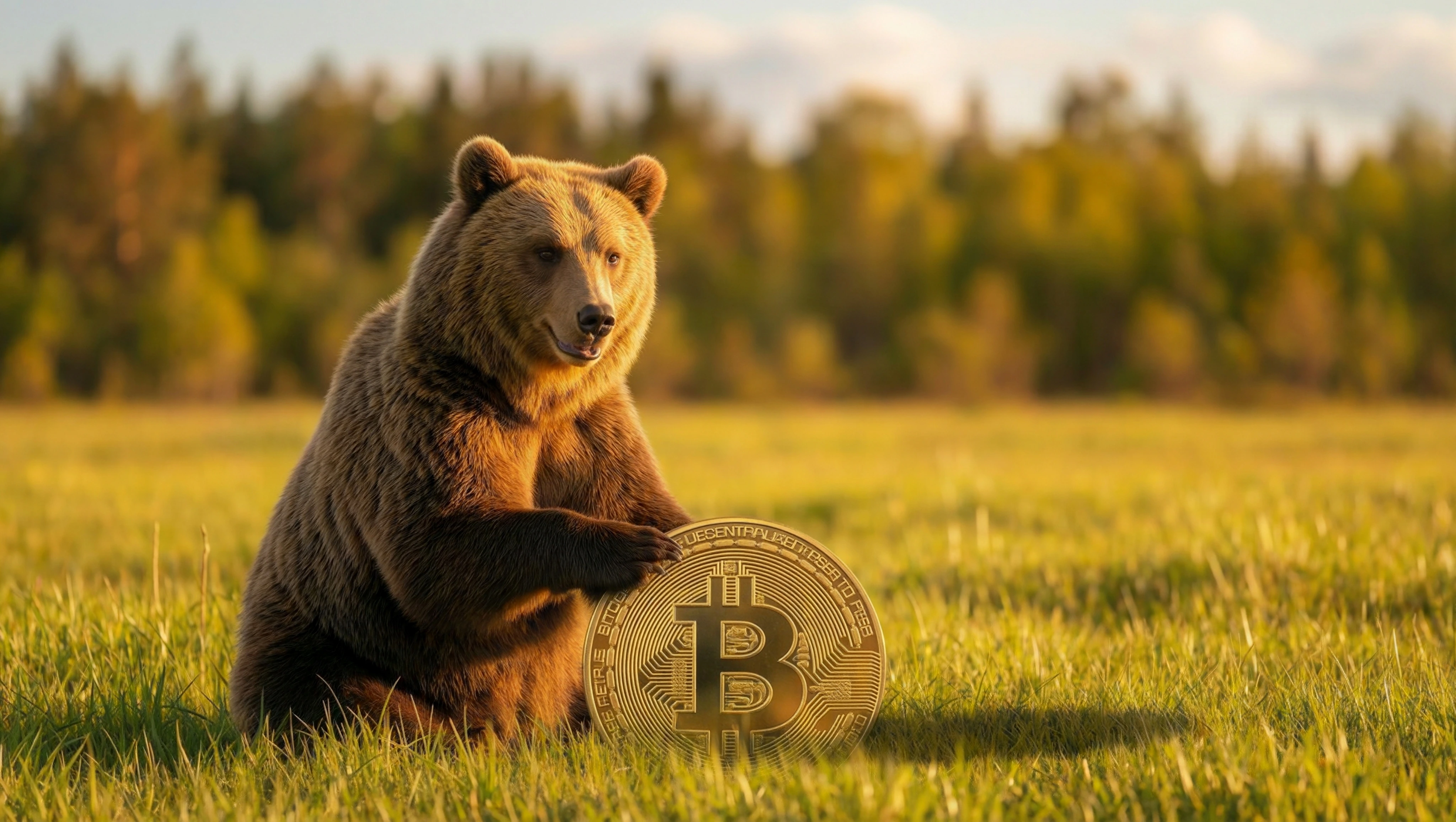 A brown bear sitting on a sunlit grassy field, holding a large gold Bitcoin coin with both paws.