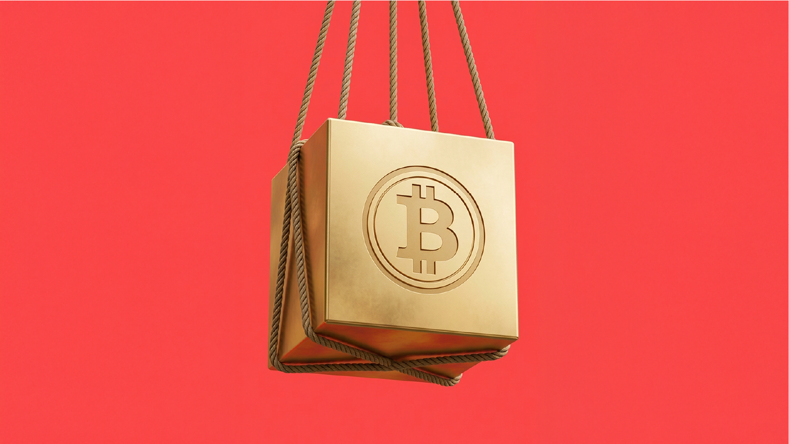 A golden block engraved with the Bitcoin symbol hangs from several thick ropes against a bright red background.