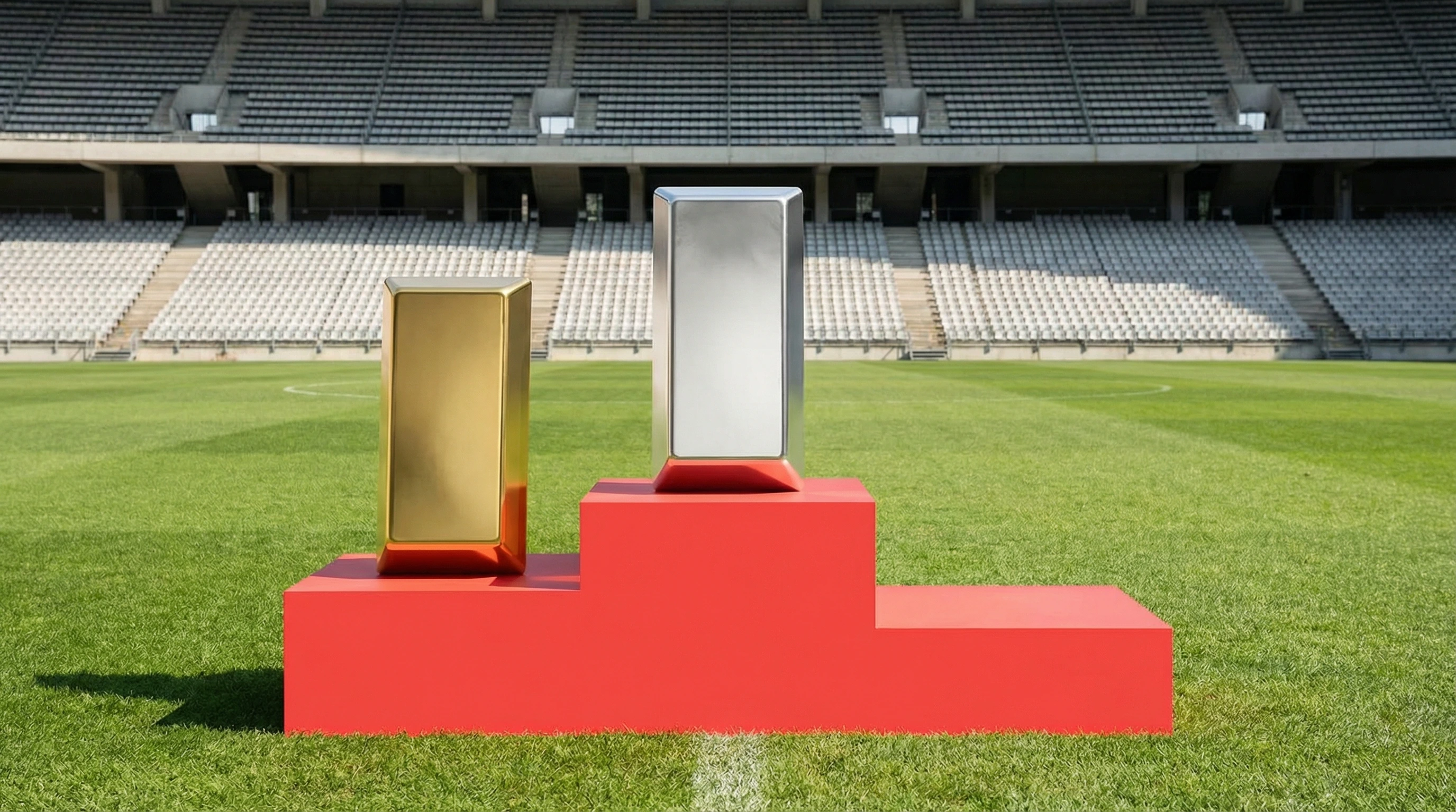 A gold bar and a silver bar displayed on a bright red winners' podium placed on a football pitch.