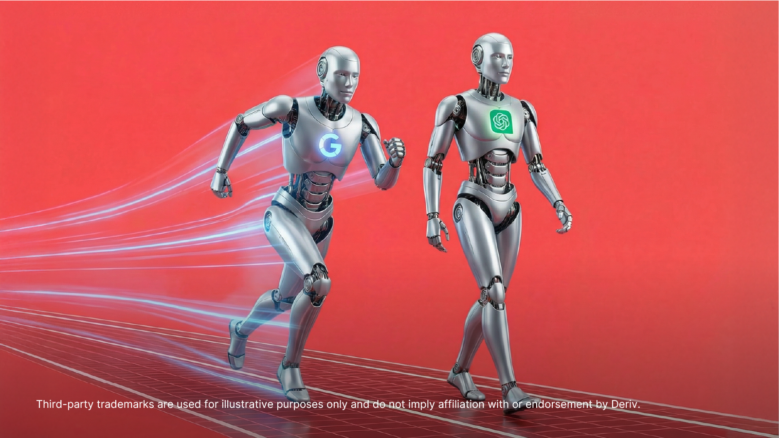 An illustration of two humanoid robots running on a digital track against a bright red background.