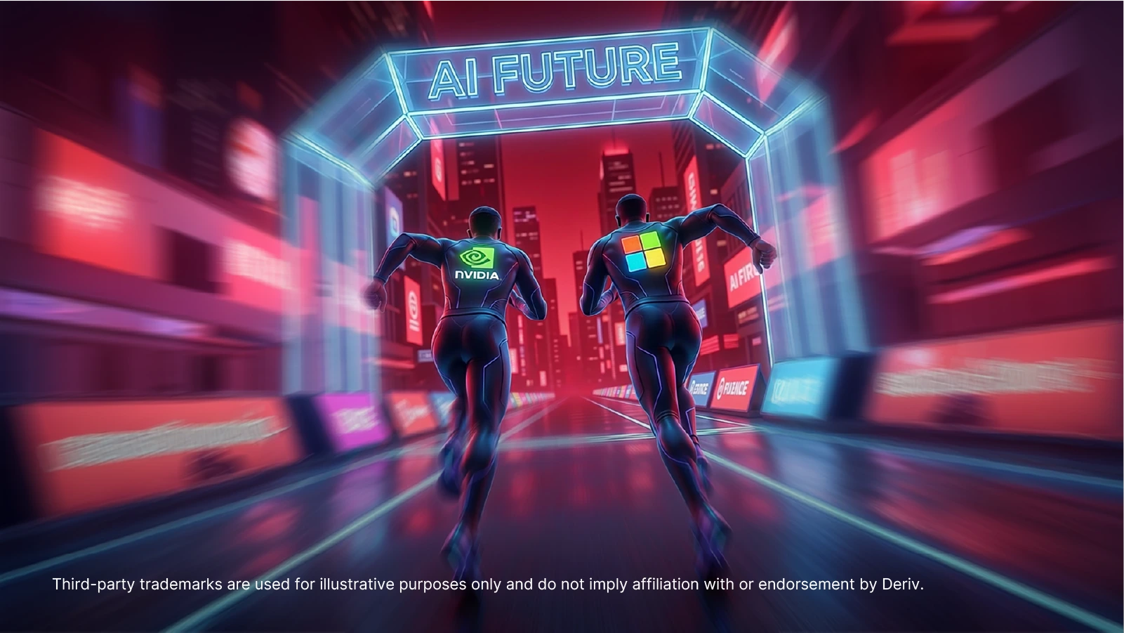 A futuristic, neon-lit digital racetrack with two stylised runners sprinting toward a glowing archway labelled “AI FUTURE.”