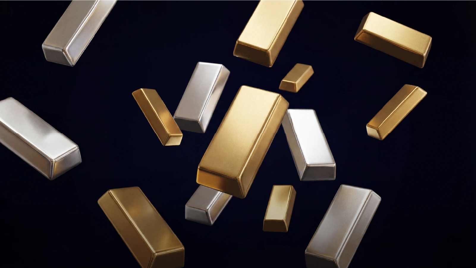 A dark background featuring multiple floating gold and silver bullion bars in various sizes, arranged in a scattered, dynamic composition. 