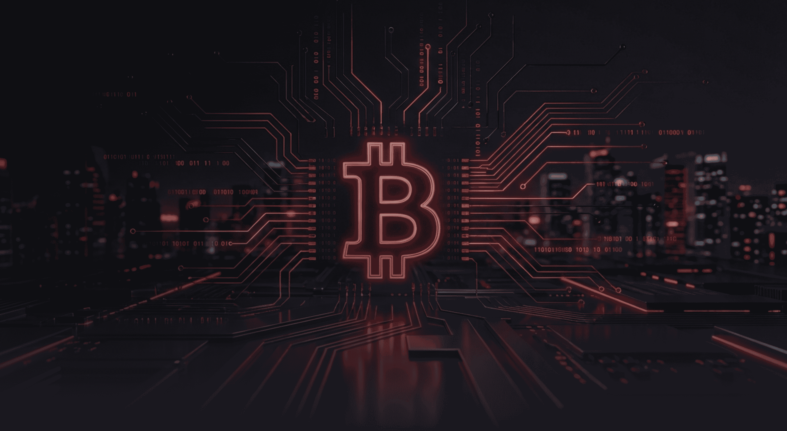 A glowing red Bitcoin symbol centred on a futuristic digital circuit board, with neon-like circuitry radiating outward against a dark cityscape background.