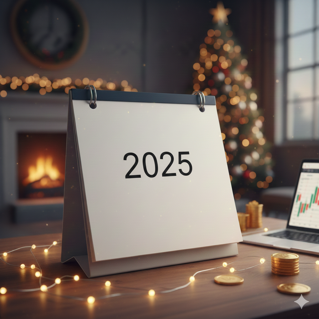 A calendar showing "2025" and christmas tree as the backdrop