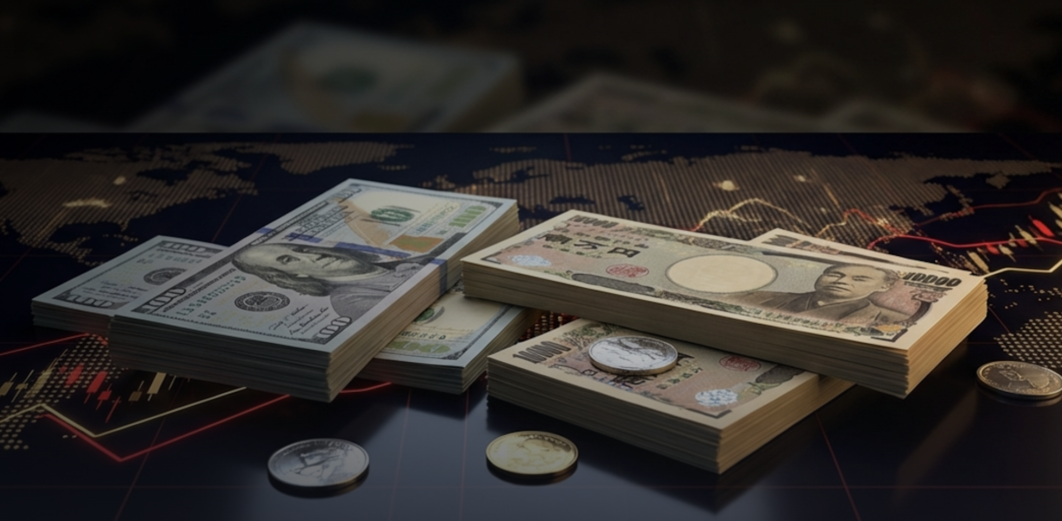 Stacks of US dollar and Japanese yen banknotes placed on top of a trading chart with global market graphics in the background.