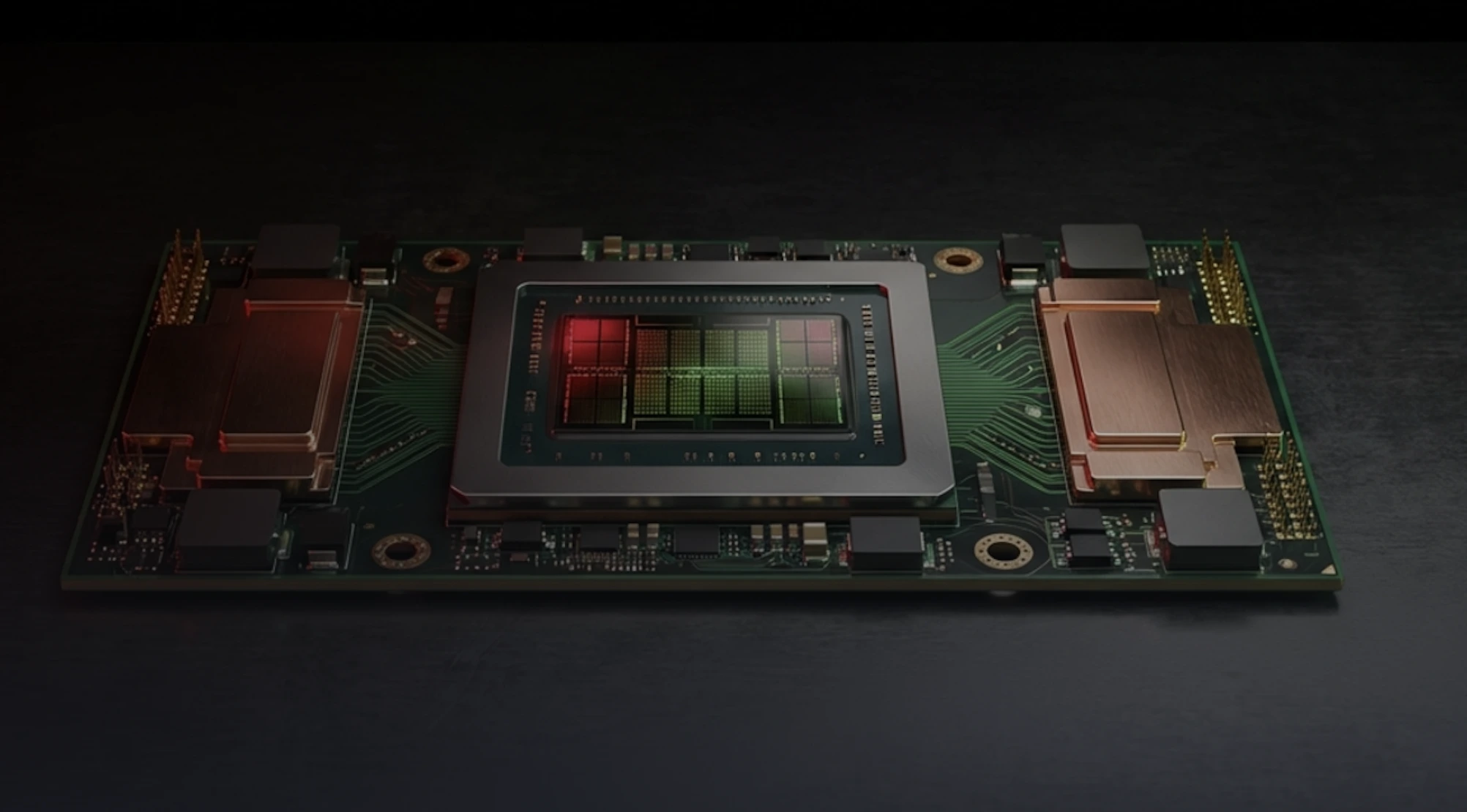 A high-resolution close-up of a GPU processor mounted on a circuit board, showing detailed chip architecture and copper cooling elements.