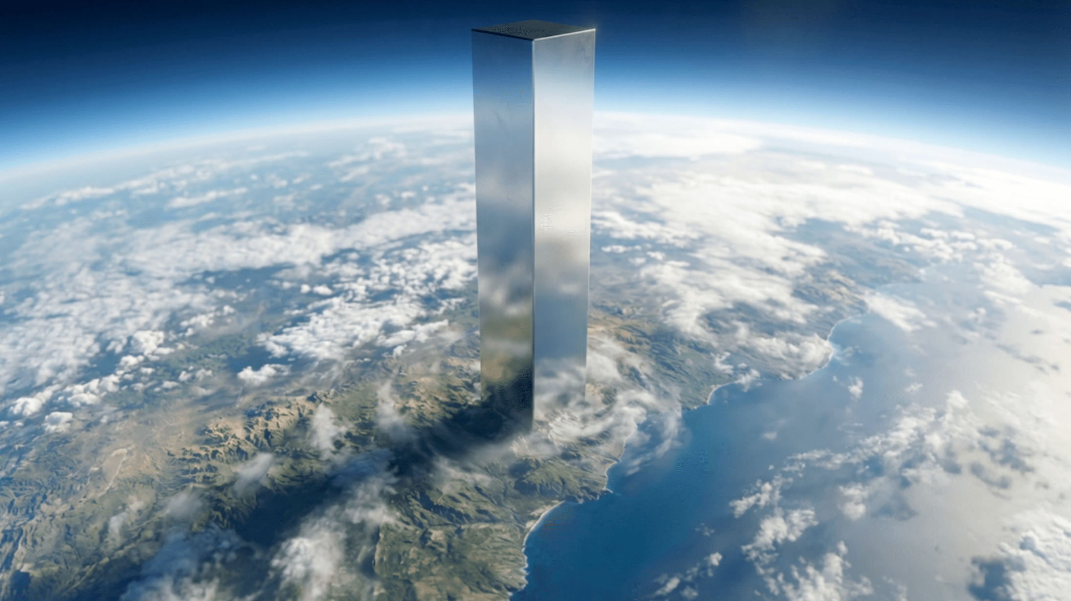 A surreal scene showing a giant, mirror-like metallic monolith rising vertically from the Earth’s surface, stretching far above the clouds.