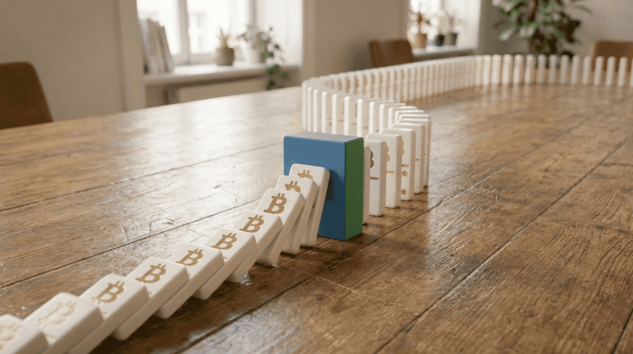 A line of dominoes decorated with the Bitcoin symbol collapses across a wooden table, but the chain reaction is stopped by a blue and green rectangular block placed upright in the middle.