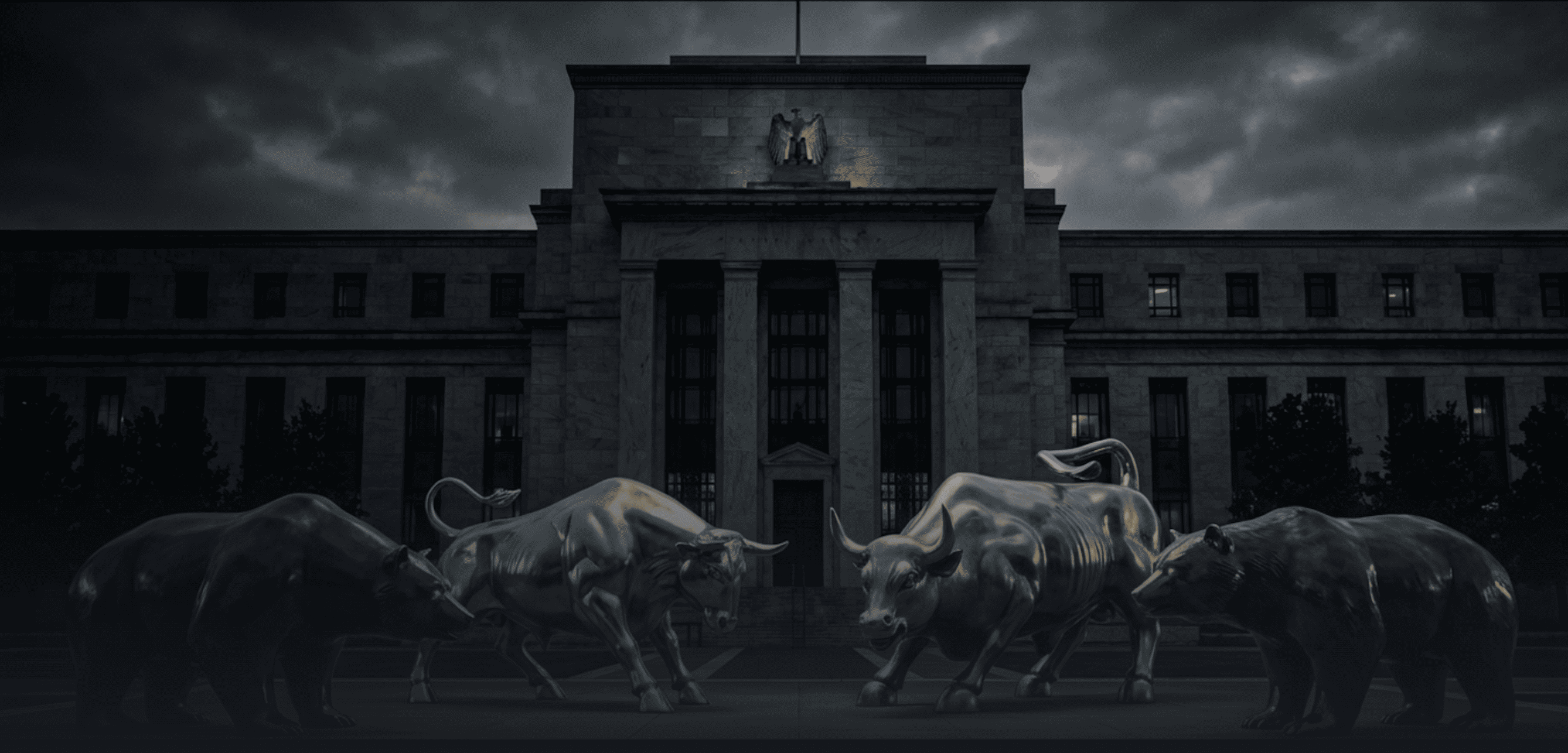 A dramatic scene in front of the U.S. Federal Reserve building under dark, stormy skies.