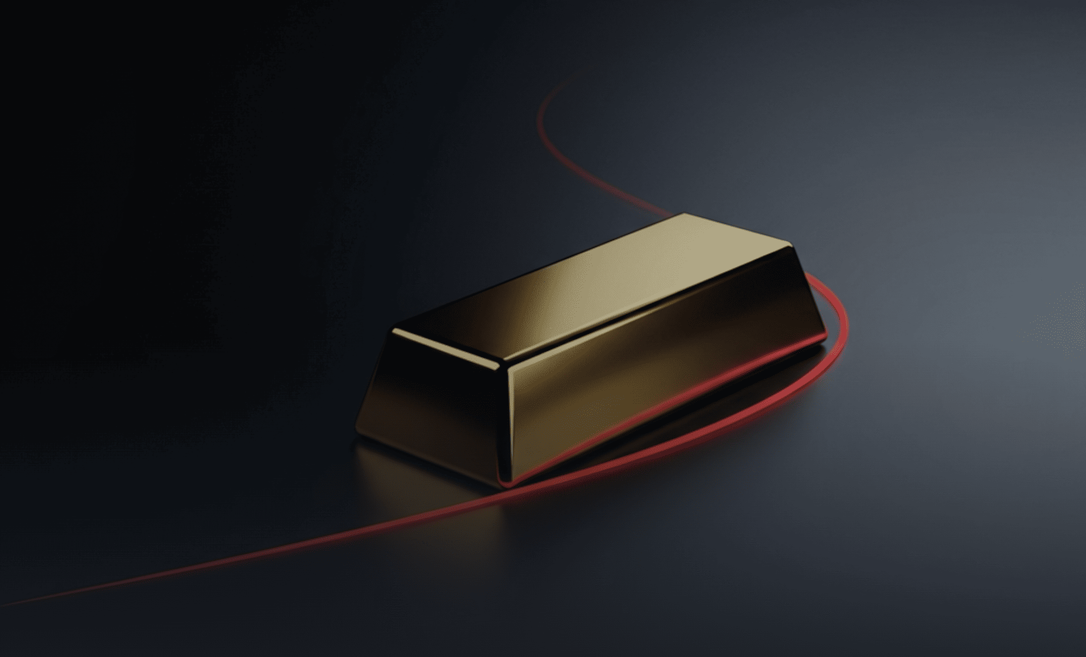A stylised gold bar resting on a dark surface, illuminated by a curved red glowing line suggesting market movement or price momentum.