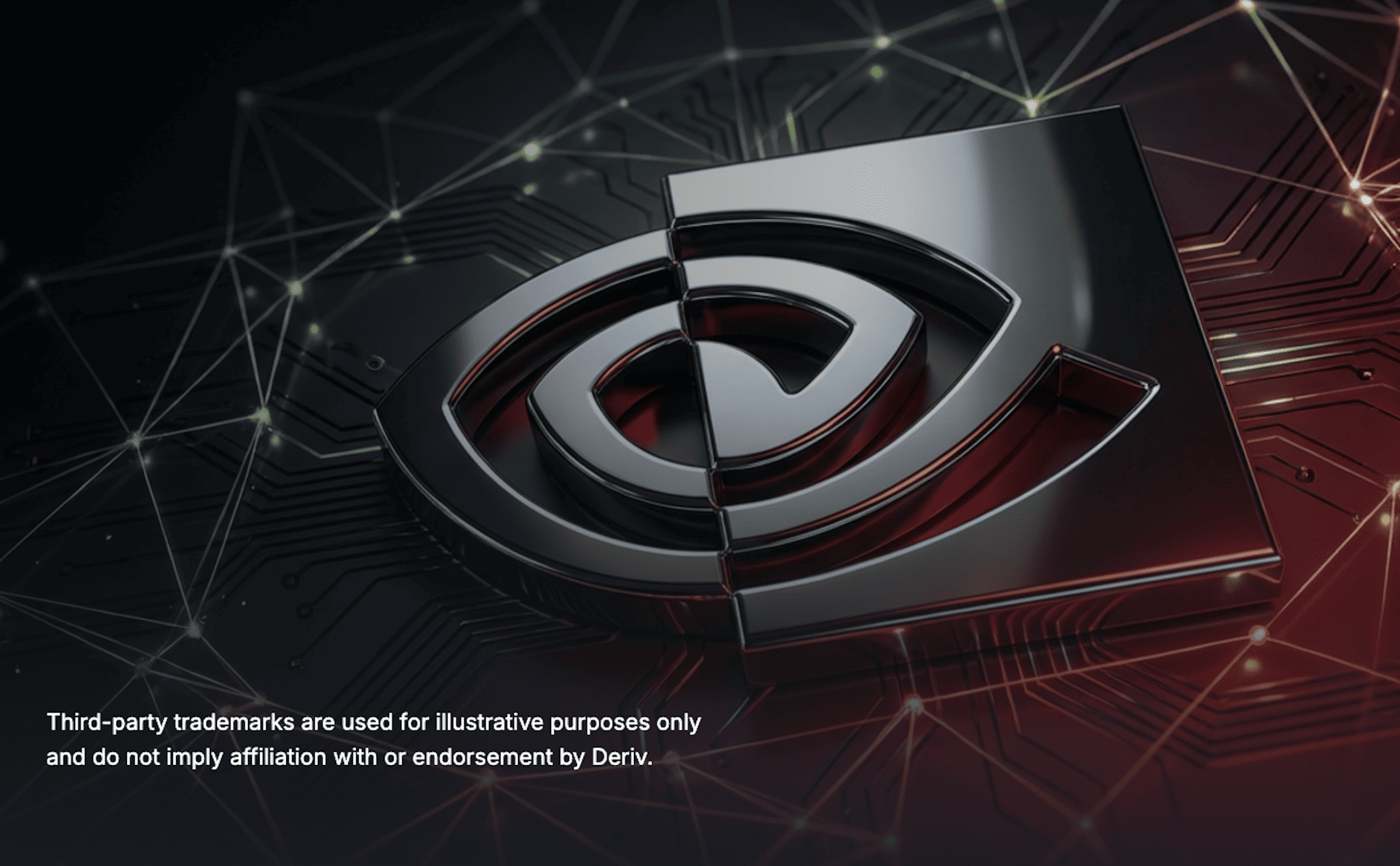 A glossy, metallic rendering of an NVIDIA-style eye logo placed on a digital circuit-board background with glowing network nodes. 