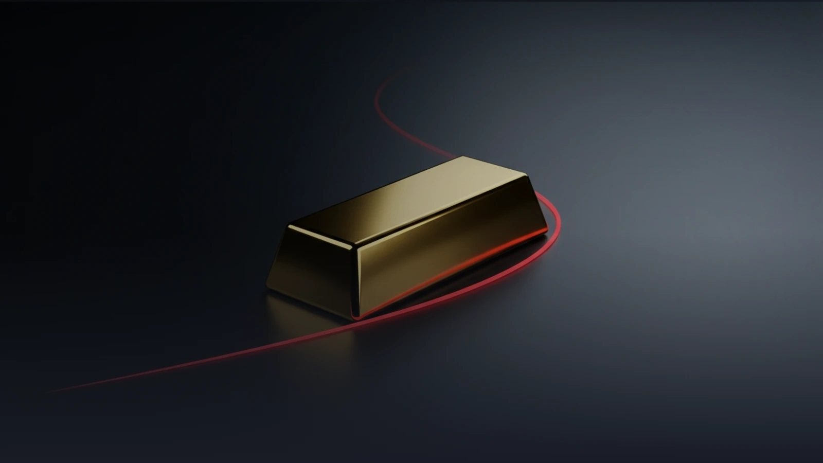 A stylised gold bar resting on a dark surface, illuminated by a curved red glowing line suggesting market movement or price momentum.
