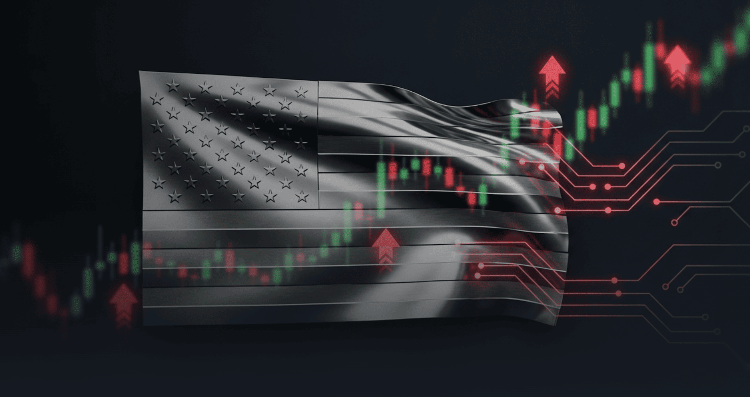 A stylised image of a metallic U.S. flag waving against a dark background. 