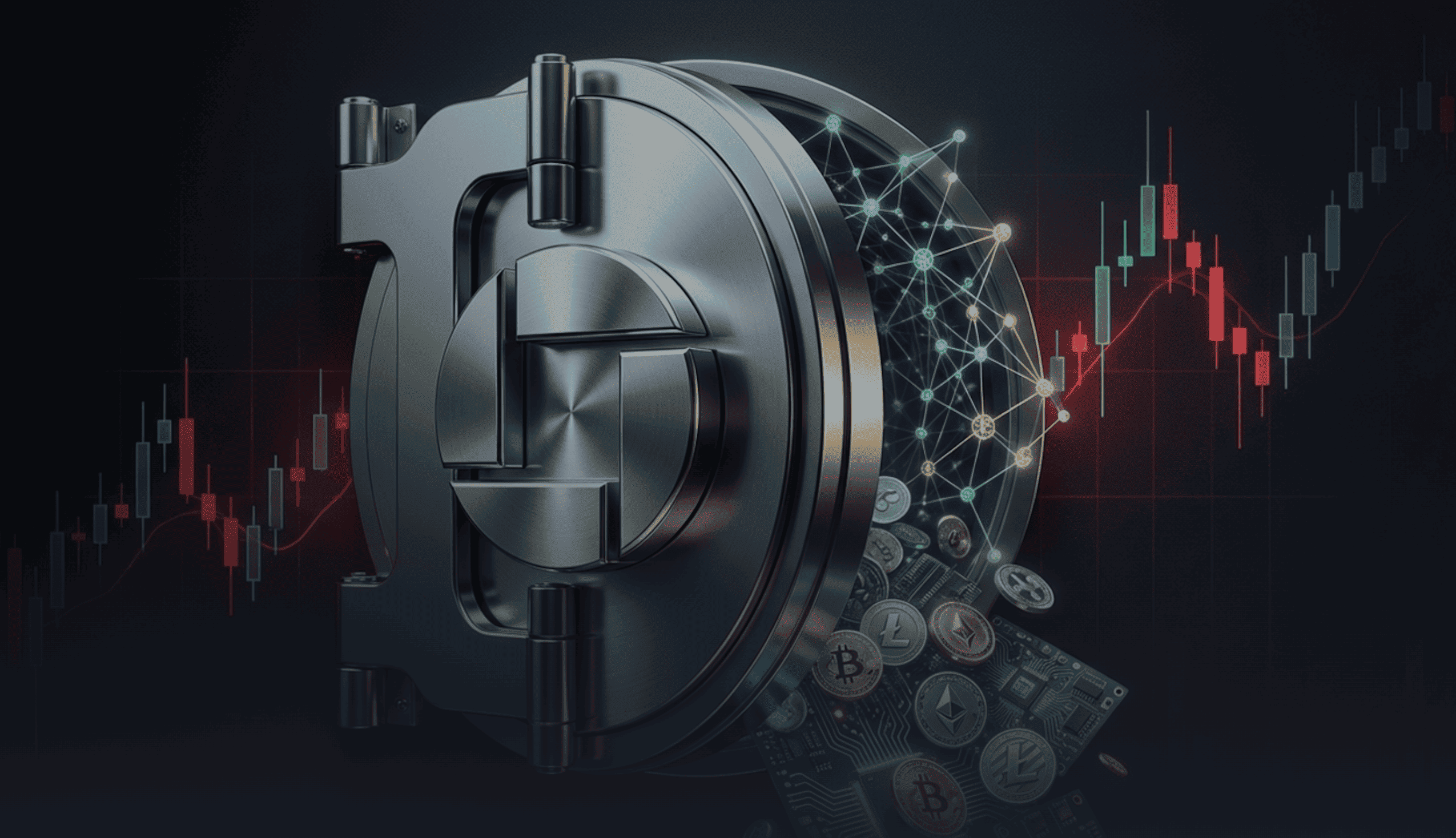 A stylised image of a large metallic vault door partially open, revealing digital network nodes, circuit boards, and cryptocurrency coins inside, including Bitcoin and Ethereum symbols.