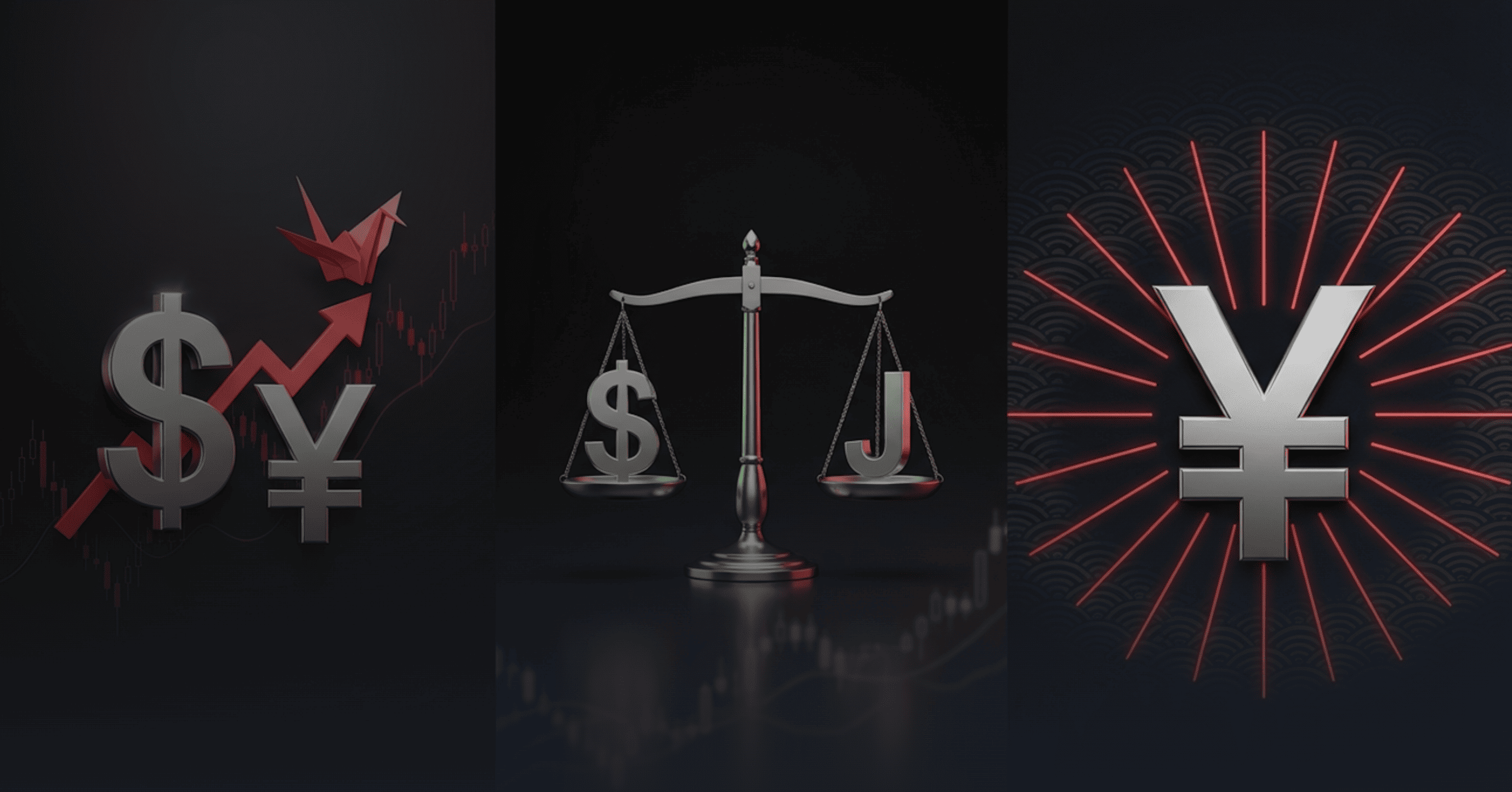 A three-panel financial illustration themed around the Japanese yen. 