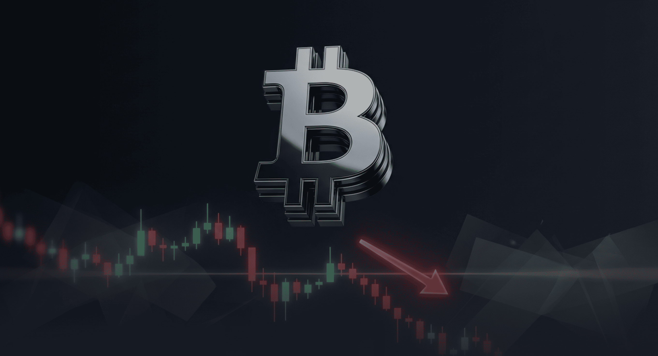 A dark, stylised illustration featuring a metallic Bitcoin symbol floating above a price chart.