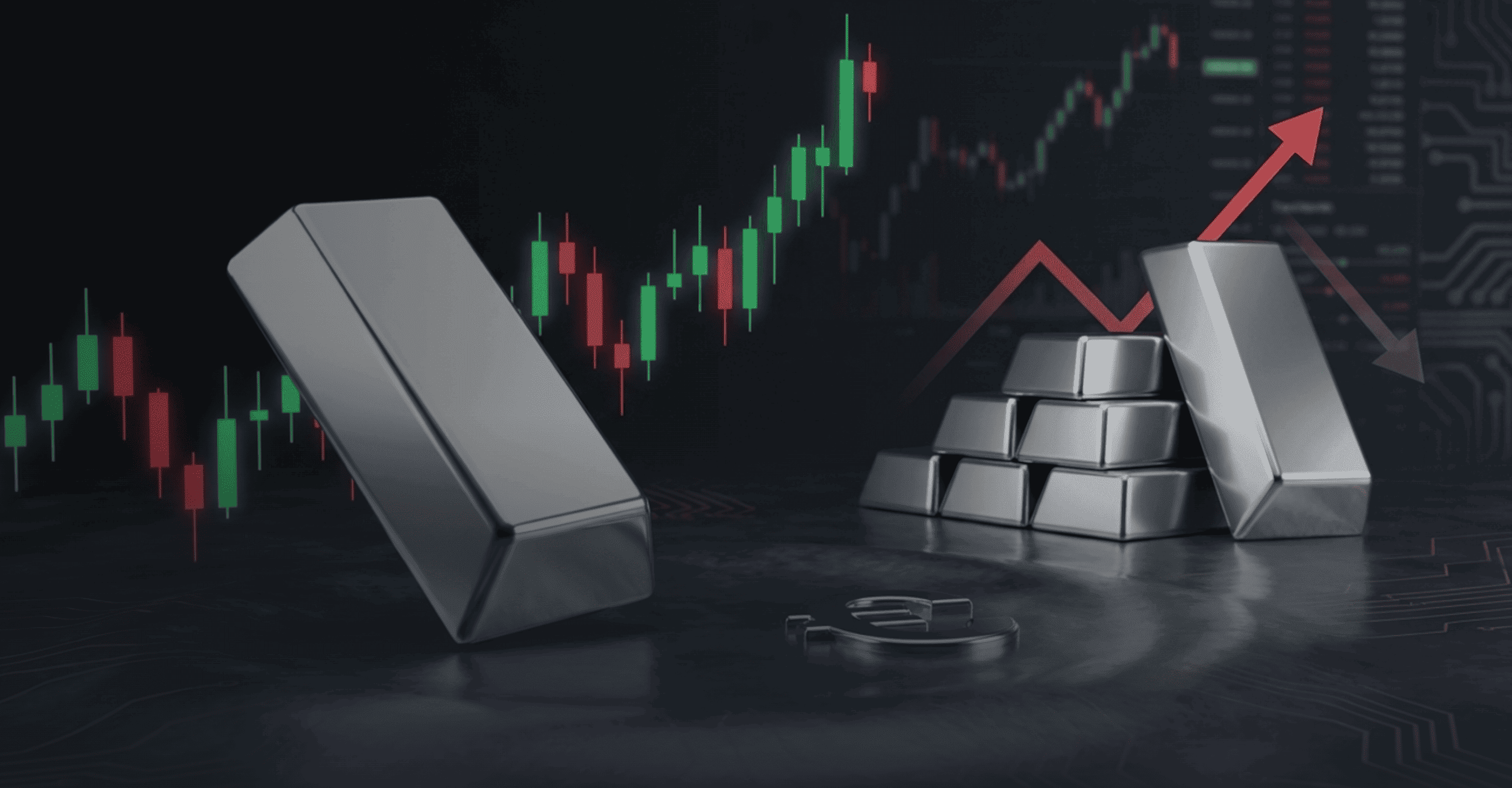 A stylised financial illustration showing silver bars on a dark surface, with one bar in the foreground and a stacked pile of bars to the right. 