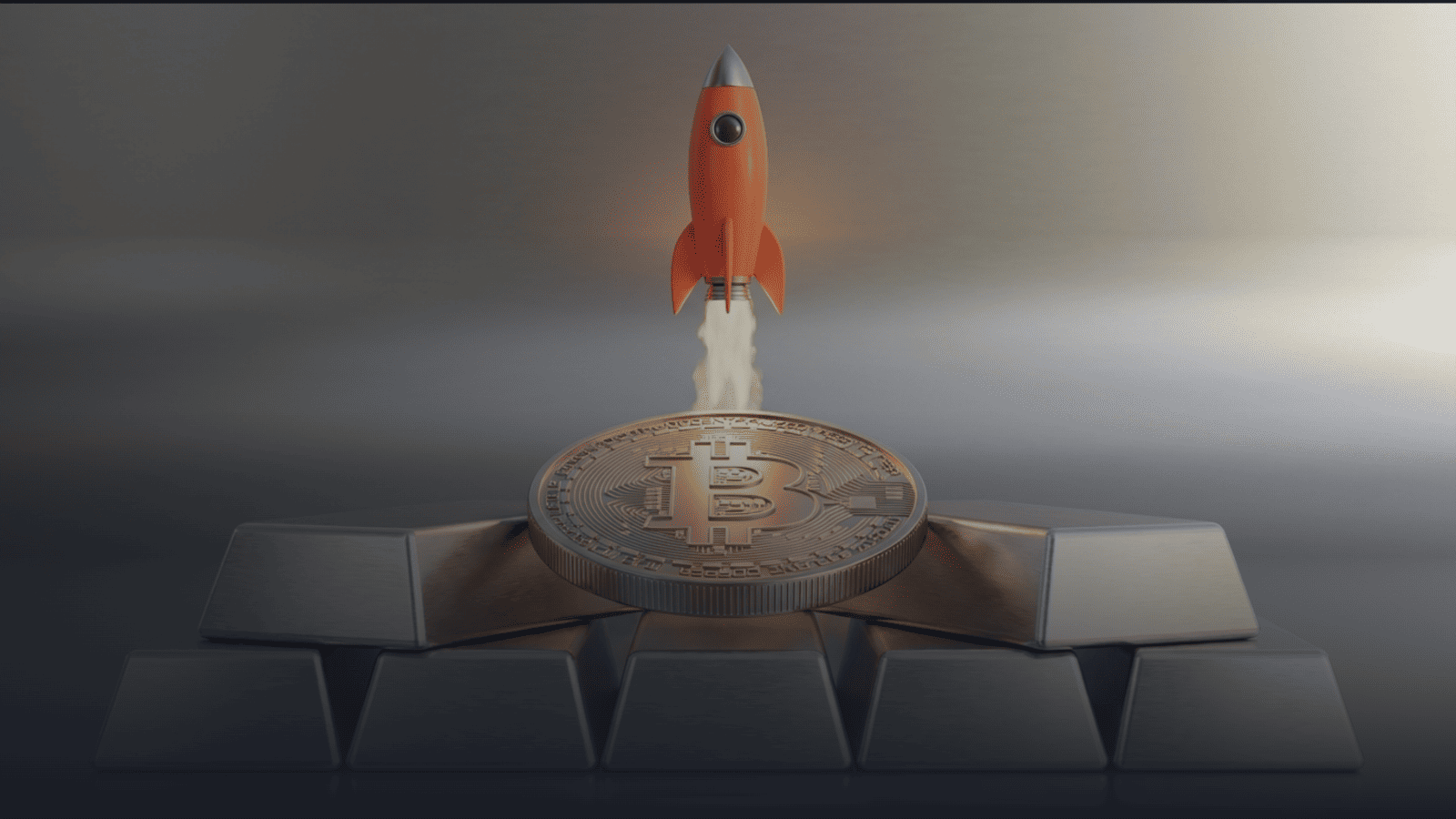 A rocket launching upward above a Bitcoin coin resting on stacked metal blocks.