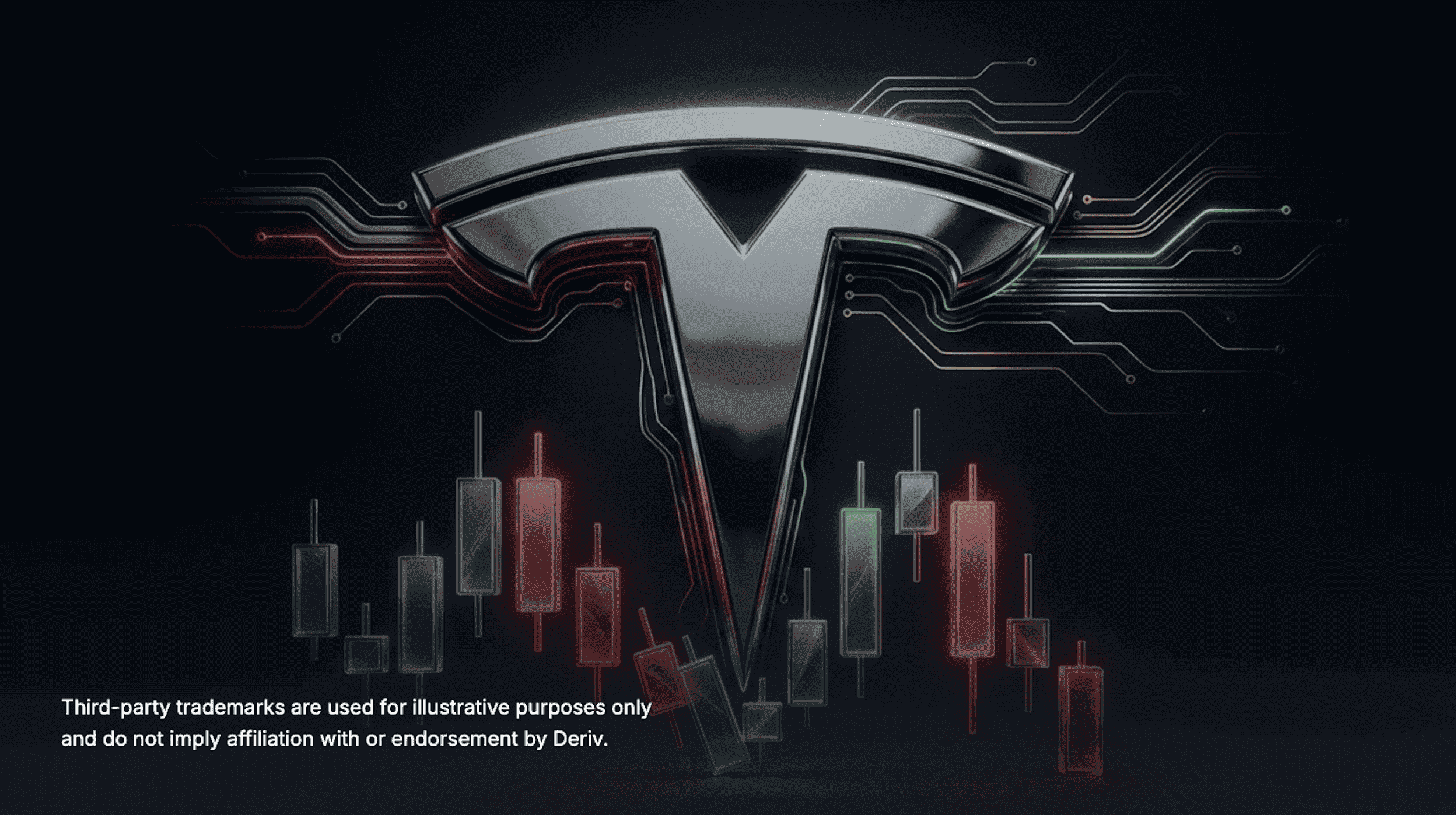 A stylised image featuring a metallic Tesla ‘T’ logo centred on a dark background. Red and green circuit-like lines extend from the logo, suggesting technology and data flow.