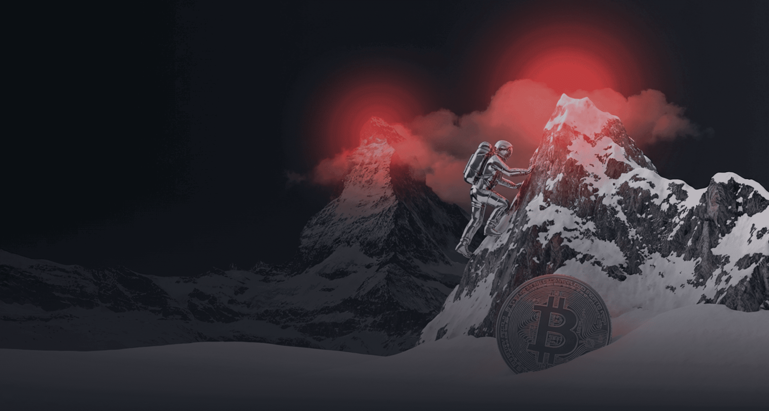 A surreal illustration of a futuristic astronaut climbing a steep, snow-covered mountain peak under a dark sky.