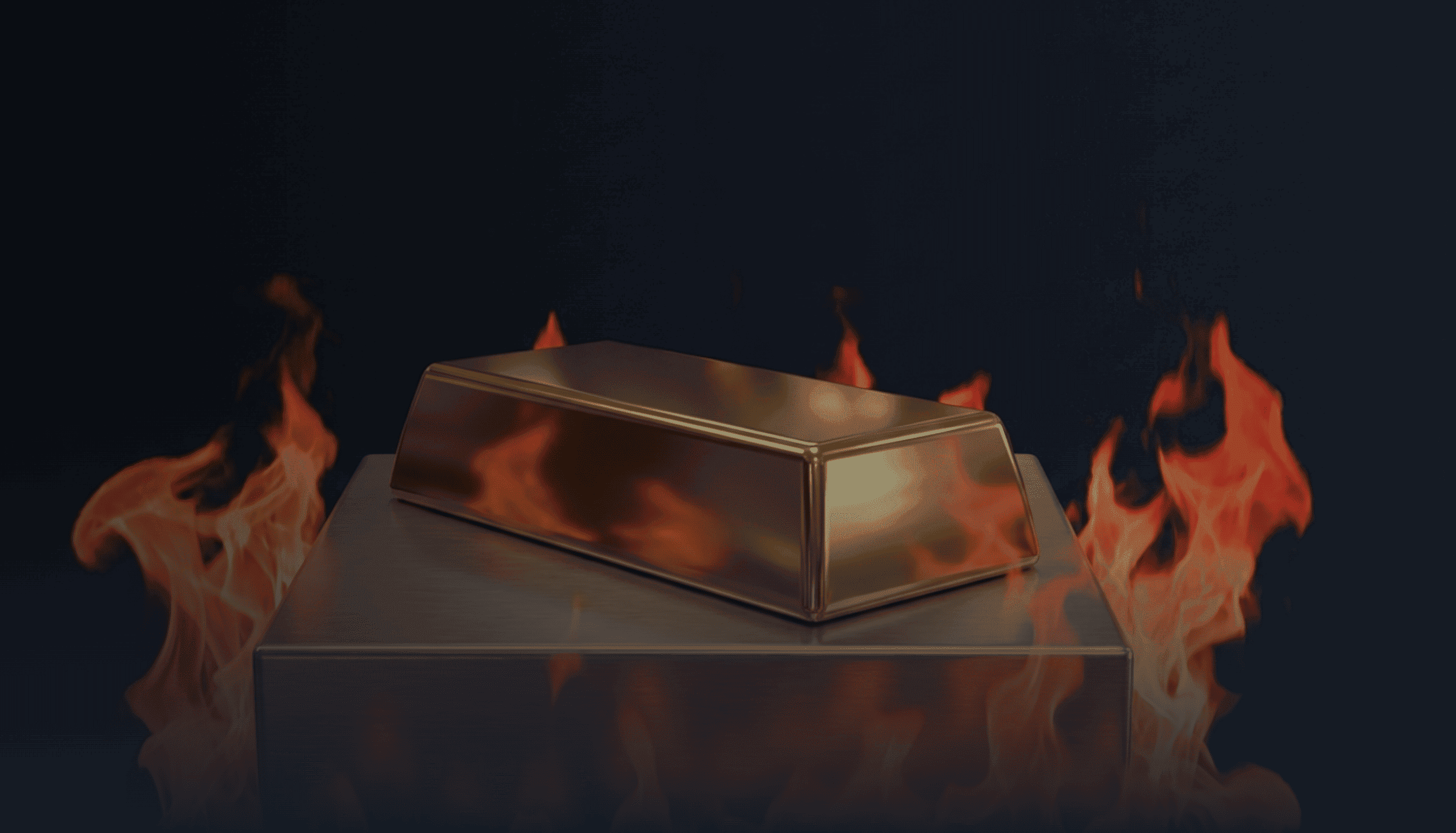 A single gold bar resting on a metallic pedestal, surrounded by flames on both sides against a dark background. 