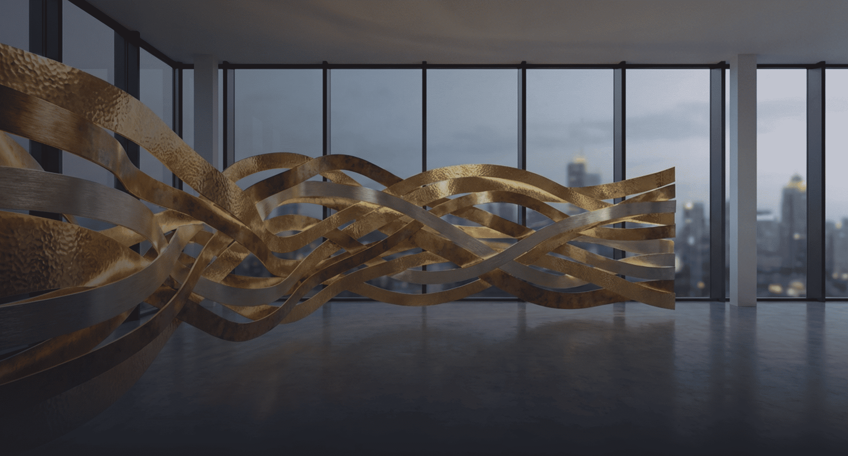 An abstract installation of intertwined metallic ribbons in gold, bronze, and silver tones flowing horizontally across a modern, glass-walled interior. 