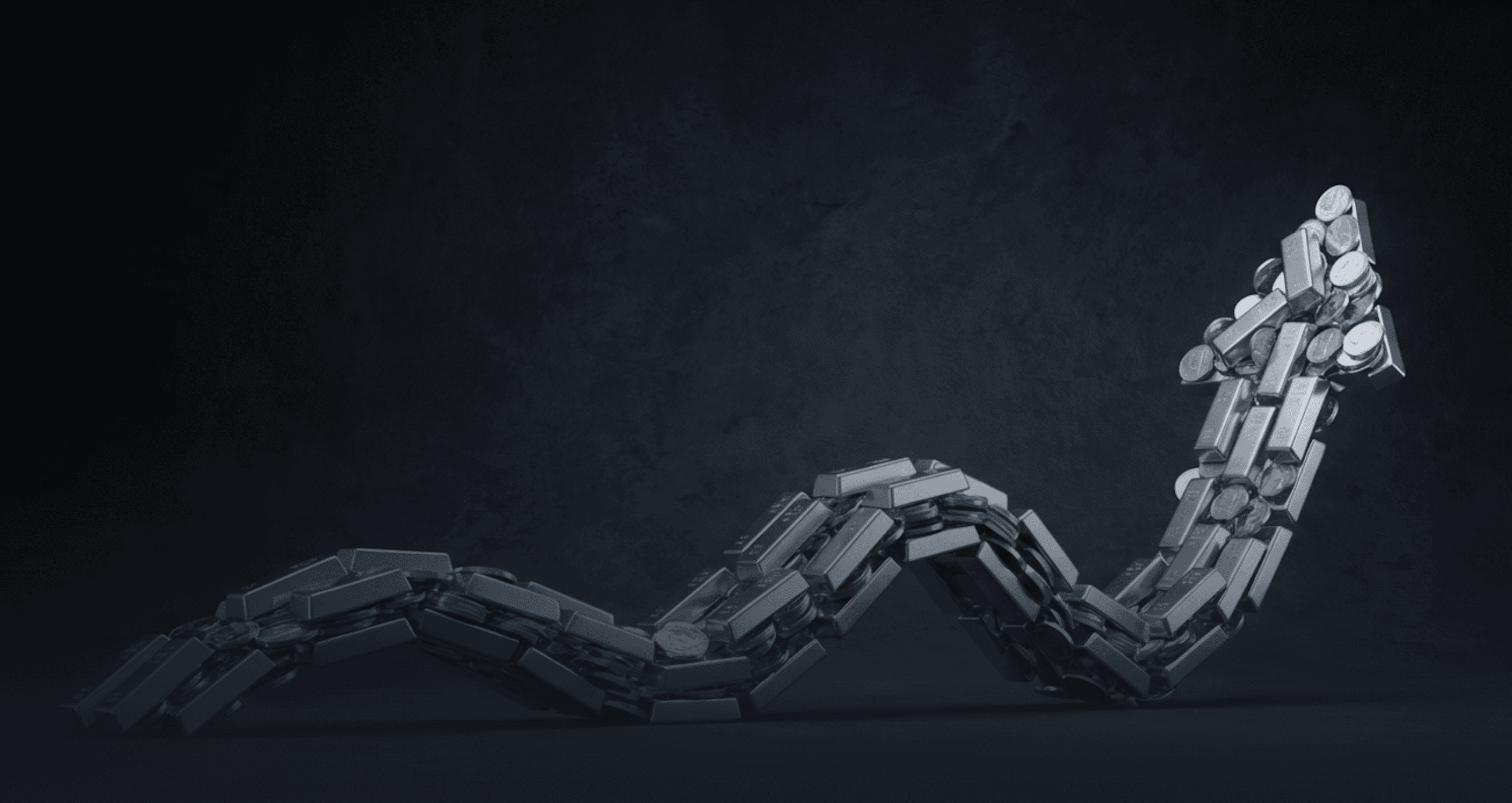 An upward arrow formed from stacked metal bars and coins on a dark background.
