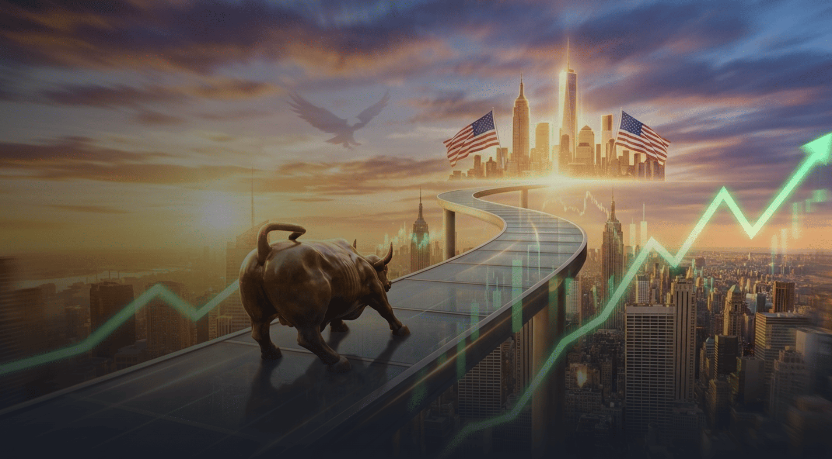 A dramatic, stylised illustration of a bull walking along a curved elevated path above a city skyline toward a glowing New York City skyline. 