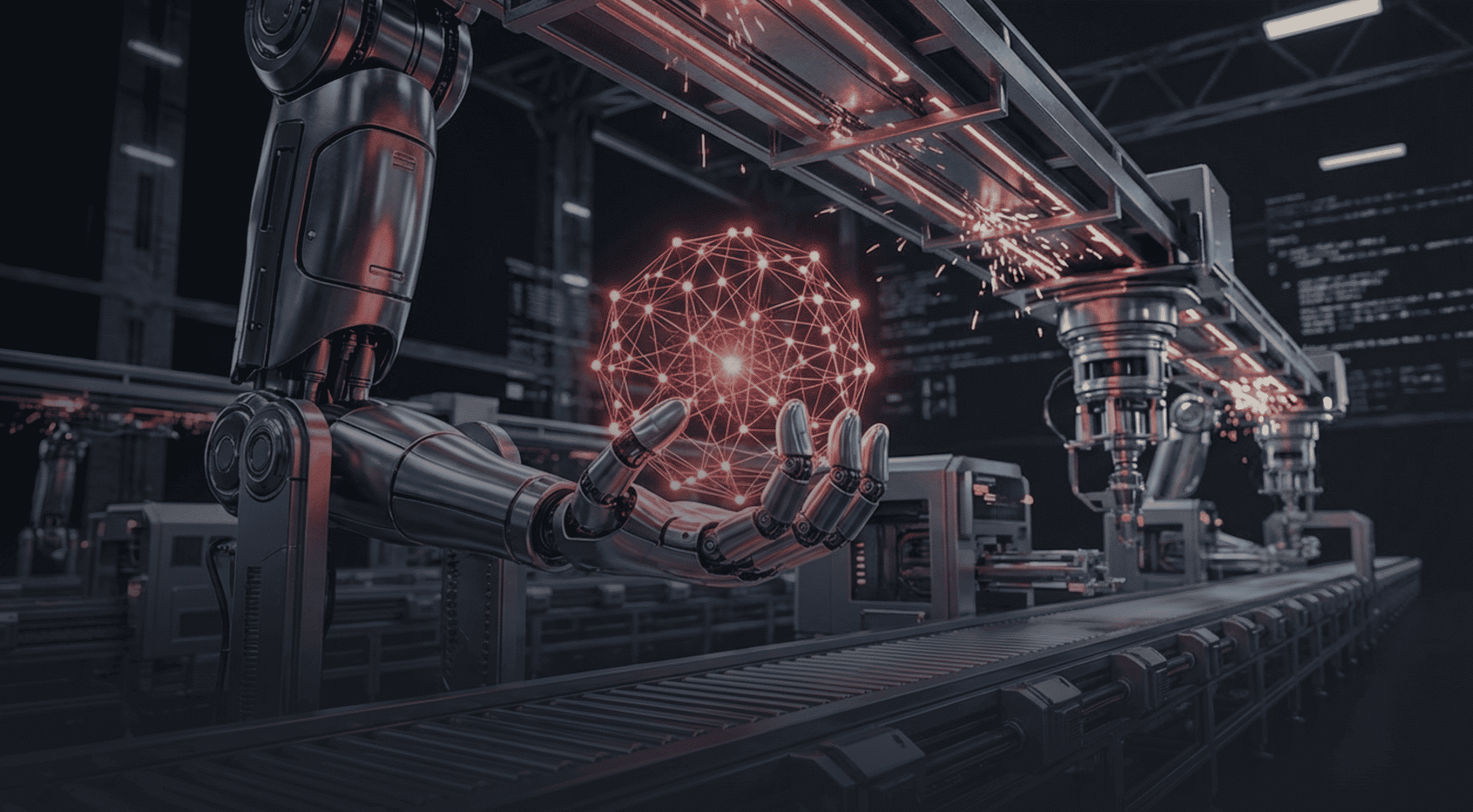 A futuristic industrial scene showing robotic arms operating on an automated factory line.