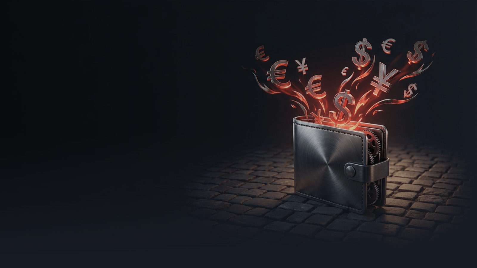 Digital visualization of cryptocurrency (Bitcoin, Ethereum) flowing from a leather wallet to a multi-monitor trading station displaying financial charts and data.