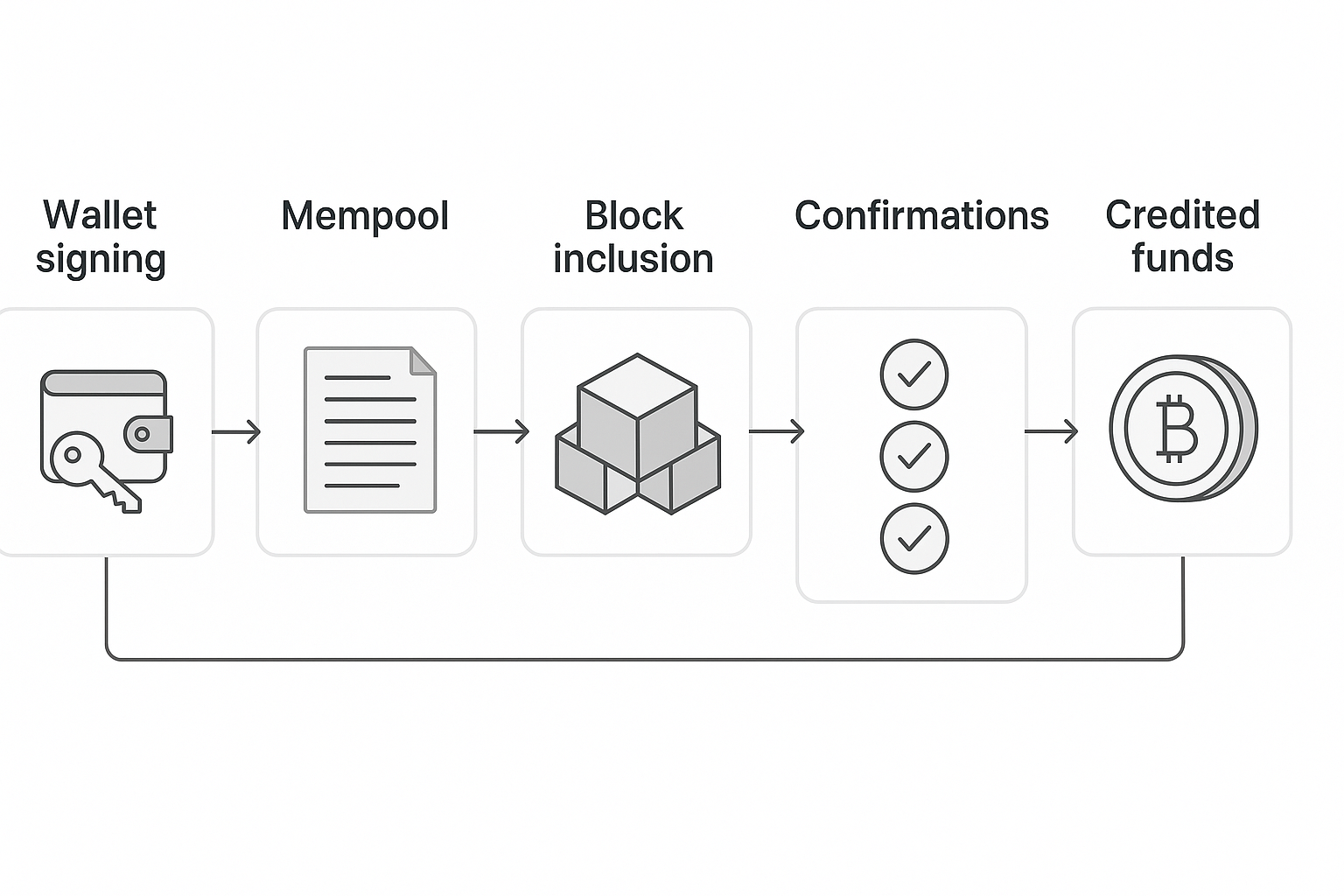 Steps from wallet signing to mempool, block inclusion, confirmations, and credited funds.